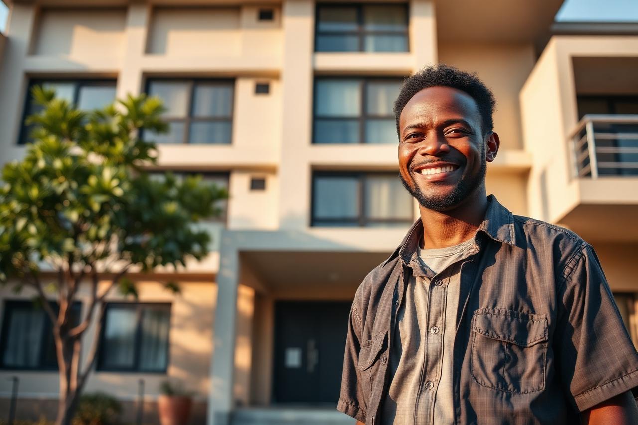 Hostel owner standing in front of his student hostel building