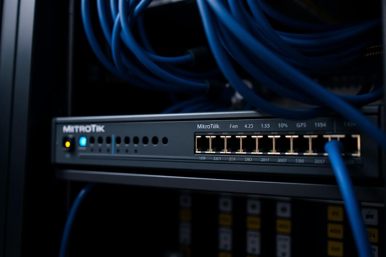 Managed MikroTik router and gigabit switch installed in a hostel network rack
