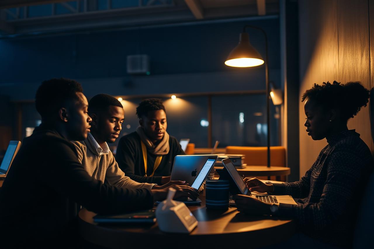 Students studying together in a hostel common room with laptops and phones connected to Wi-Fi